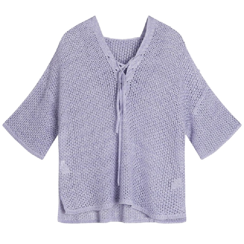 新款拉夏贝尔针织连帽衫女薄款秋季镂空韩版V领上衣宽松罩衫10018204