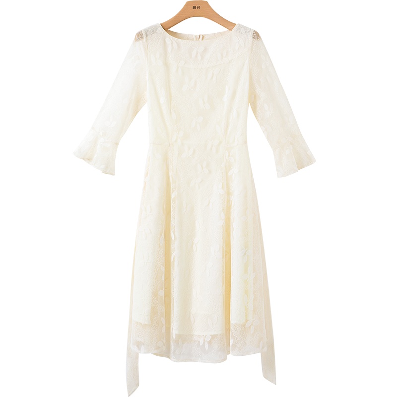 晚白2021春季新品名媛淑女纯色修身显瘦圆领喇叭袖蕾丝裙连衣裙女