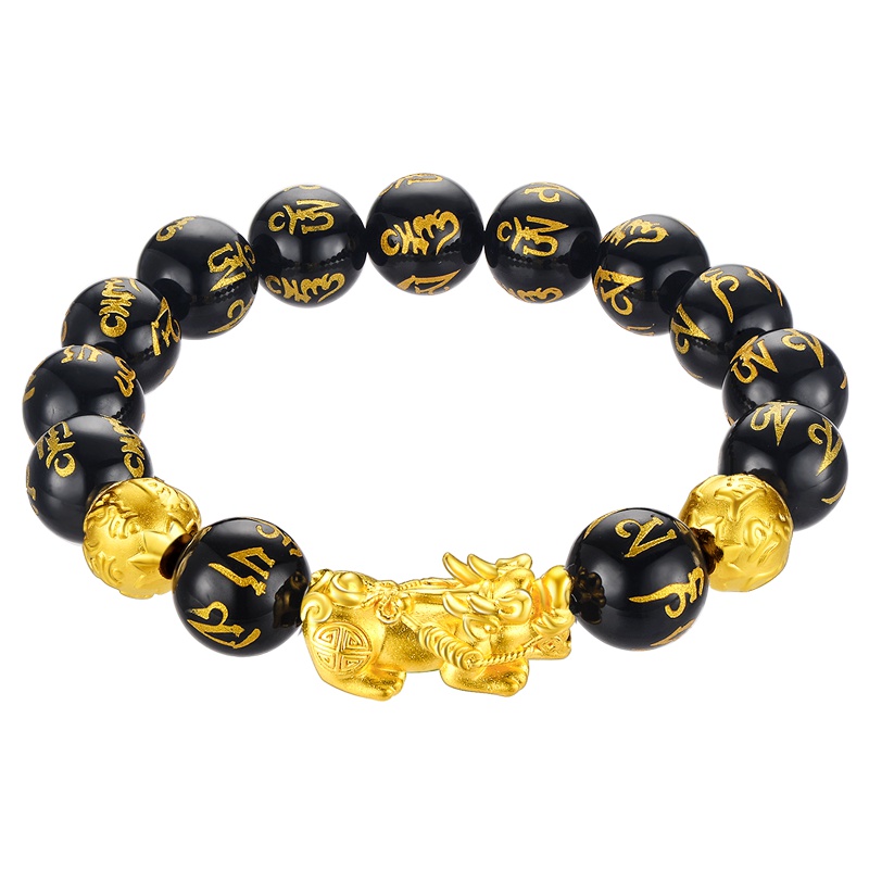 蒂蔻 大气貔貅黄金手链男士款足金六字箴言硬金黑玛瑙真言手串