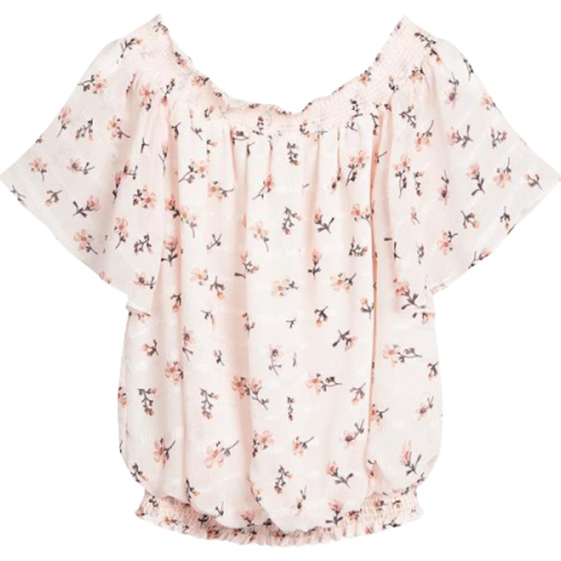 【专柜同款】拉夏贝尔小清新一字肩上衣2020新款夏季女韩版宽松收腰遮肚子雪纺衫碎花女30082535