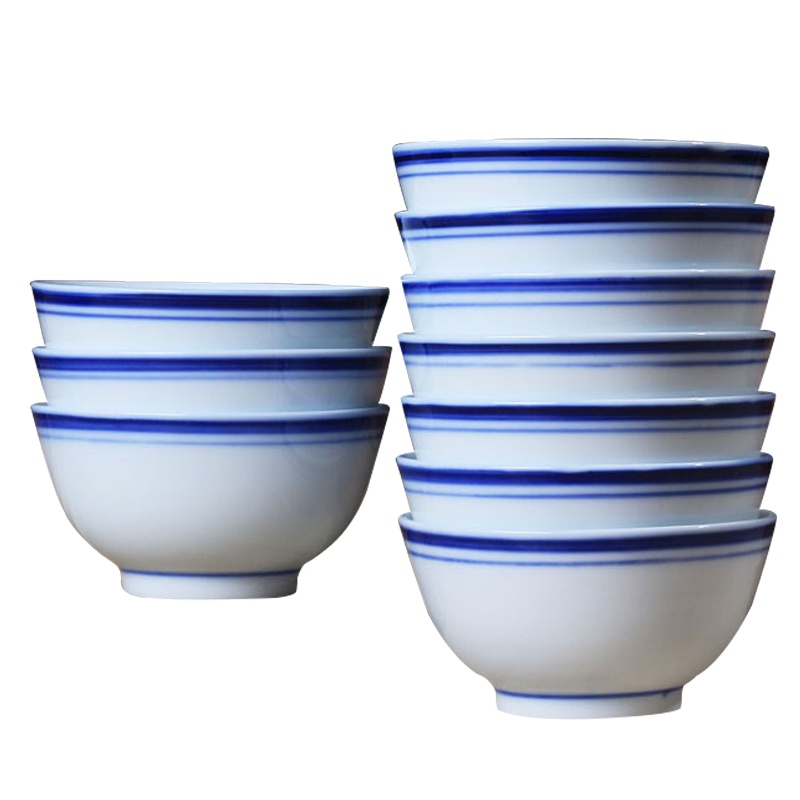 LICHEN 陶瓷蓝边碗饭碗景德镇青花瓷器4.5英寸中式釉下彩餐具微波炉适用 10个装