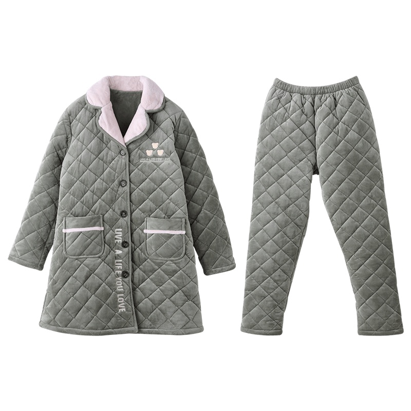 安之伴睡衣女冬季开衫套装夹棉家居服