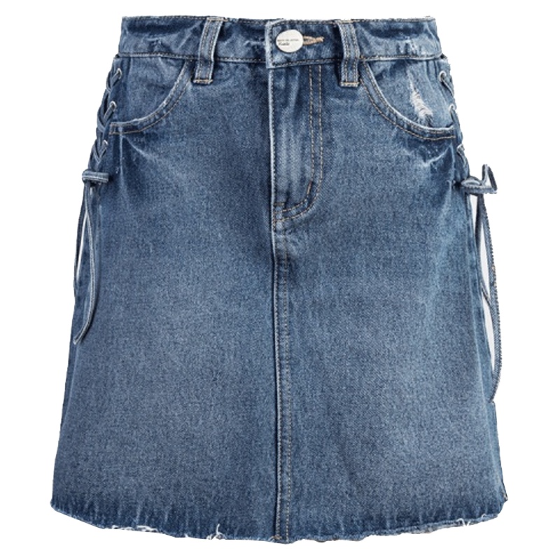 【专柜同款】拉夏贝尔夏季新款牛仔半身裙a字裙女韩版高腰百搭绑带毛边短裙20011862 牛仔蓝 S