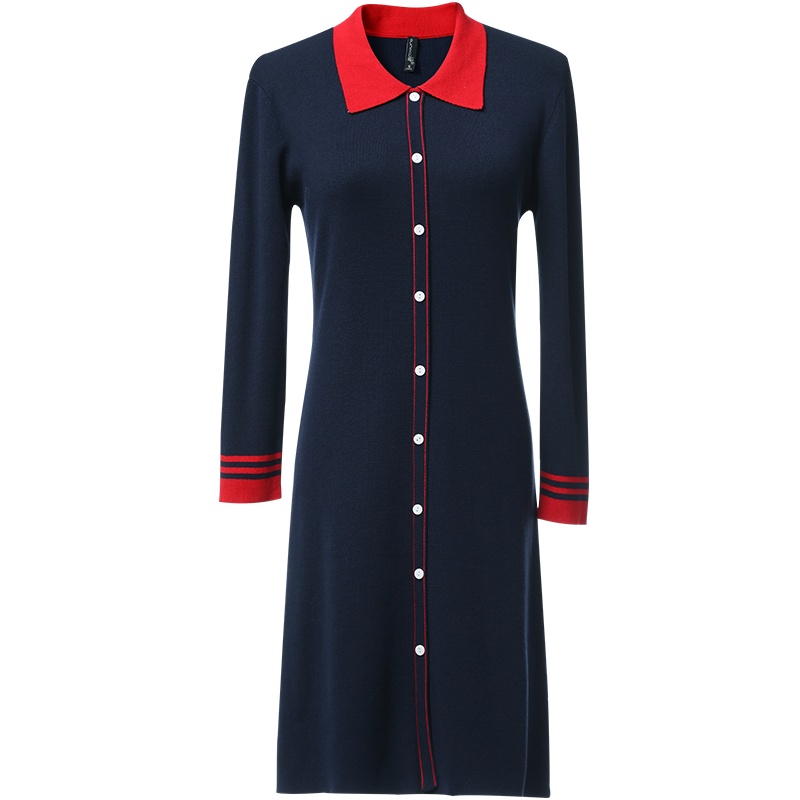 欧昵雪秋季撞色衬衫领九分袖修身针织连衣裙女套头一步裙