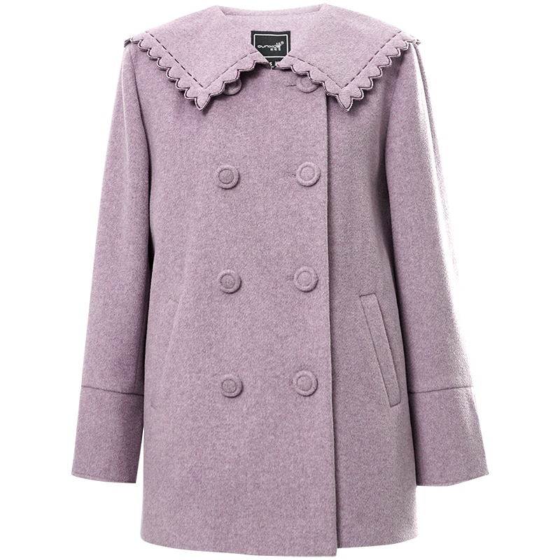 OUNIXUE欧昵雪 | [保暖双排扣呢子外套]冬季甜美波浪型翻领宽松毛呢大衣女