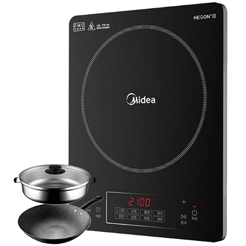 美的(Midea)电磁炉 C21-Simple101 8档 触控式 大线盘 微晶面板 电磁炉(赠不锈钢汤锅、炒锅)