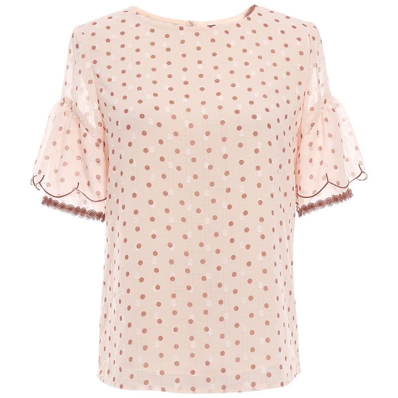 欧昵雪夏季时尚圆领波点印花雪纺衫女短袖荷叶边上衣小衫