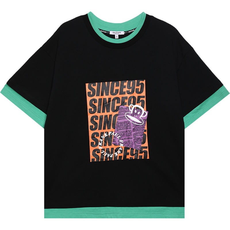 Paul Frank/大嘴猴夏季新款短袖T恤女宽松字母印花撞色上衣