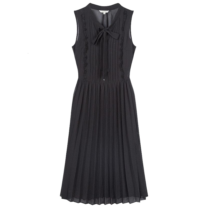 拉夏贝尔黑色无袖小个子百褶连衣裙女装春夏中长款雪纺_175 S 黑色
