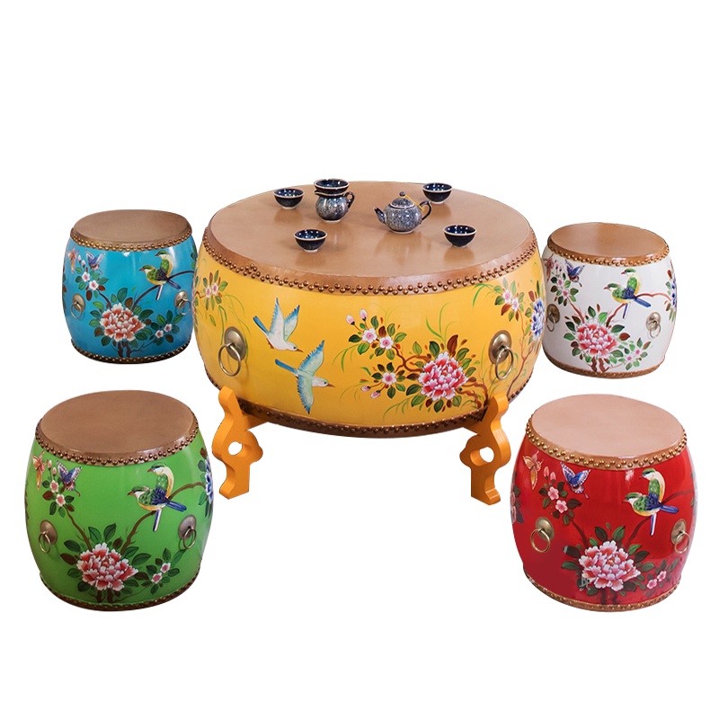 FLD-GZ牛皮彩绘鼓桌新中式实木茶几桌凳牛皮鼓凳茶桌组合 牛皮鼓茶几-45鼓凳