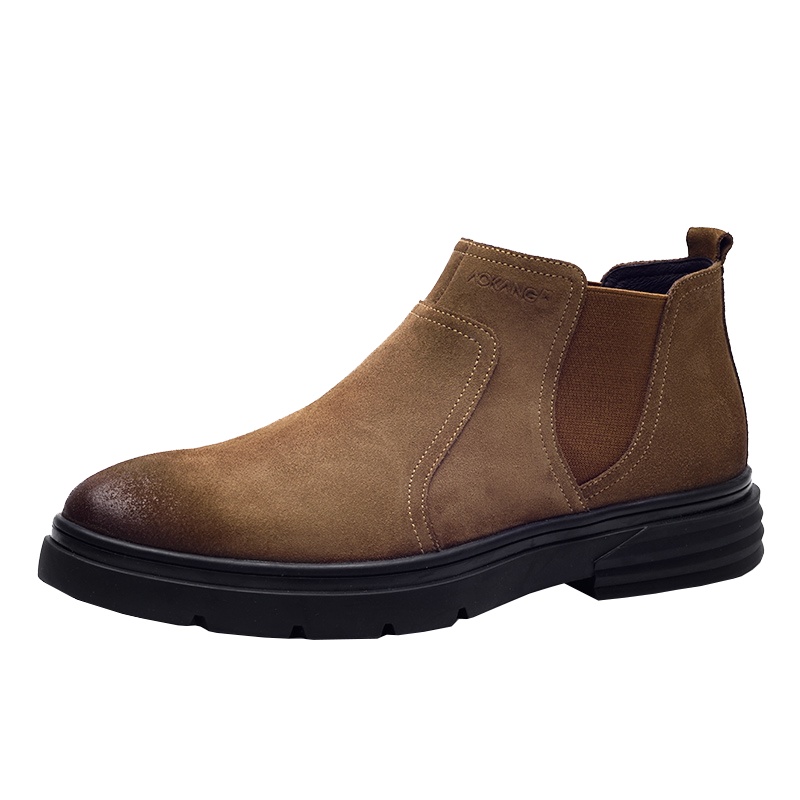 奥康切尔西靴男秋季百搭英伦风短靴中帮工装靴加绒保暖高帮靴子