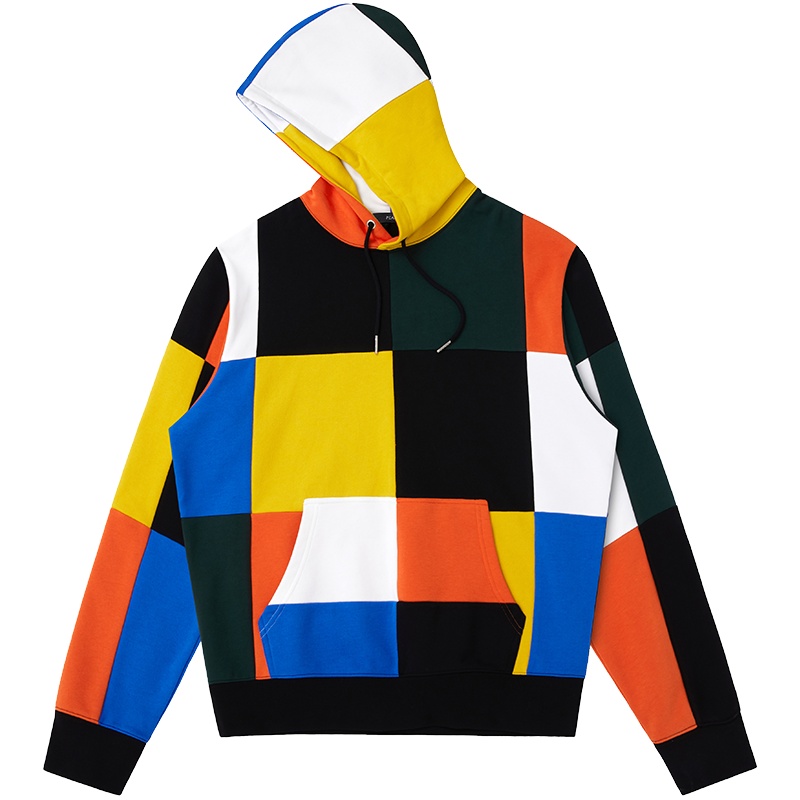 太平鸟男装春季新款多色格子拼搭风卫衣个性时尚韩版连帽卫衣潮