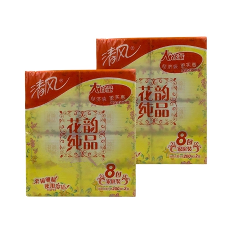 清风 花韵纯品8包装，纸宽136MM，2层， 200抽/包X8包