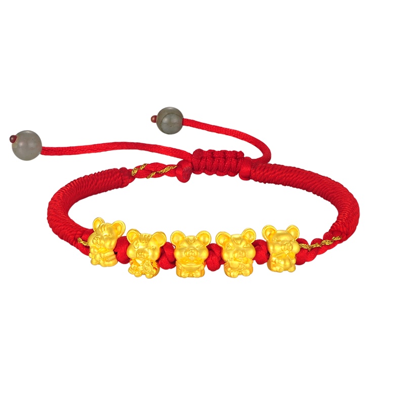 蒂蔻 本命年生肖五福鼠黄金转运珠手链男女款编织红绳拉伸款3D硬足金可爱小老鼠手饰新年礼物