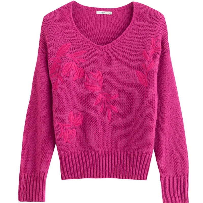 茵曼春秋装新款V领优雅绣花宽松落肩长袖套头毛衣女