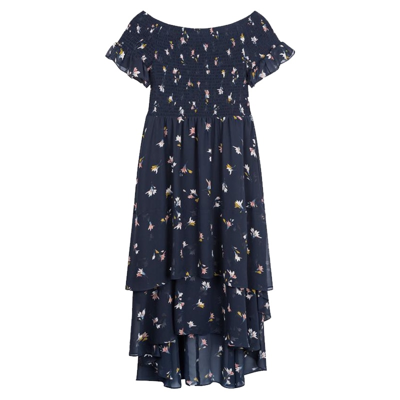 拉夏贝尔夏季新款韩版宽松中长款碎花一字肩连衣裙女装_815 S 印花混色