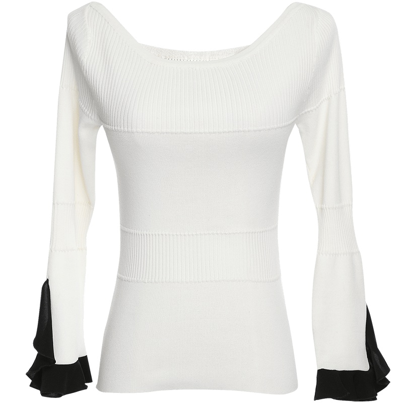 欧昵雪秋装修身花瓣袖一字领针织衫女套头短款九分袖毛衣