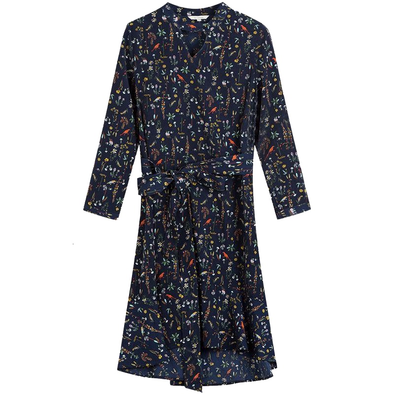 拉夏贝尔 拉贝缇秋装新款韩版气质淑女高腰碎花A字中长款裙子女长袖连衣裙60006150