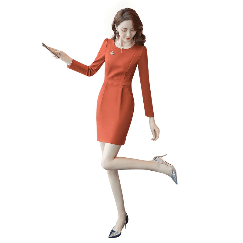 丝柏舍2019秋装女圆领长袖修身显瘦简约短款连衣裙S93B4539L