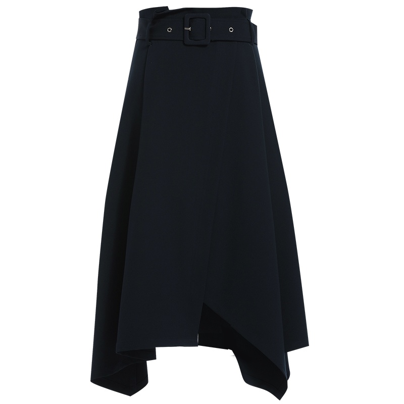 欧昵雪秋季气质系带高腰半身裙女不规则下摆中长款A字裙