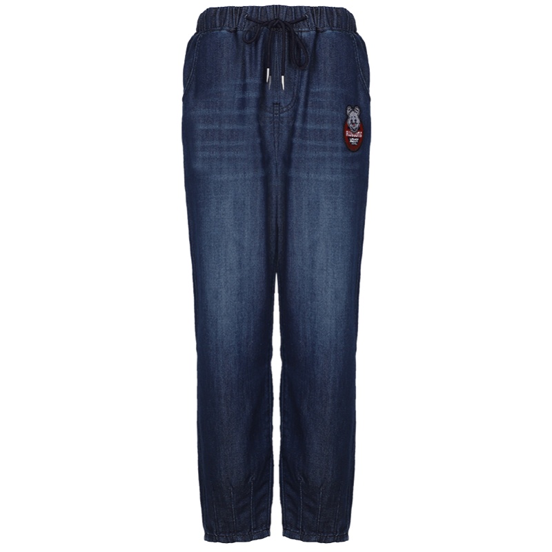 a02新款2020时尚抽绳潮流徽章直筒宽松牛仔裤女DTV1A1601PN