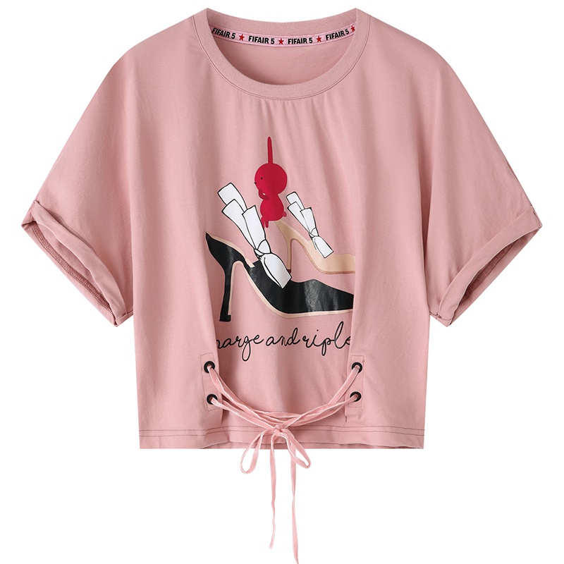 马克华菲女装2019夏季新款印花绑带收腰T恤女短款 个性潮短袖显瘦