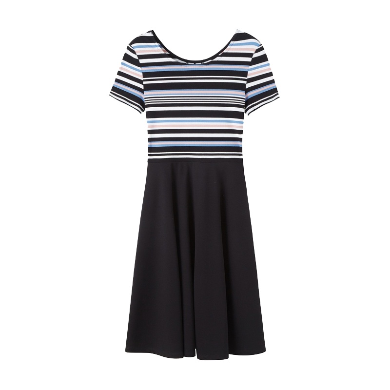 Puella夏新款女撞色条纹圆领短袖高腰中长款裙子条纹连衣裙
