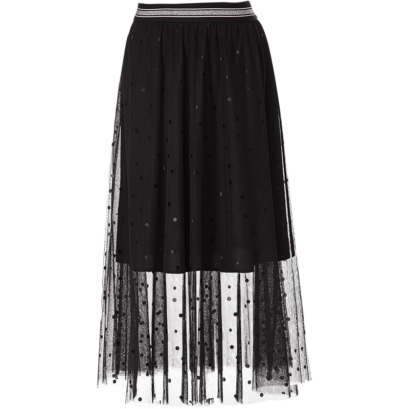 欧昵雪夏季高腰仙女裙黑色波点纱半身裙女中长款A字裙