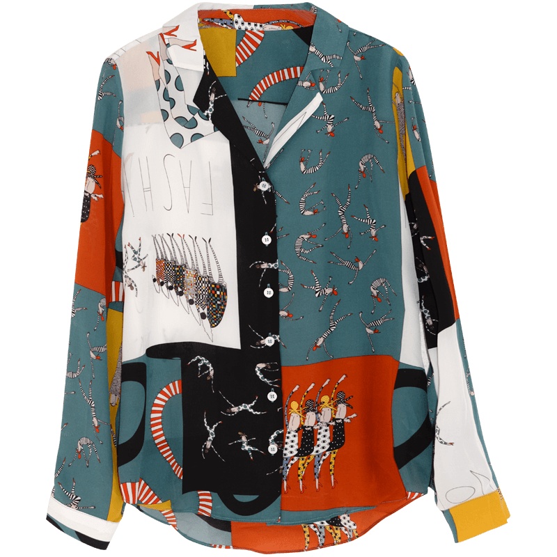 金菊2020夏新款不规则拼接印花真丝衬衫女时尚宽松洋气真丝上衣