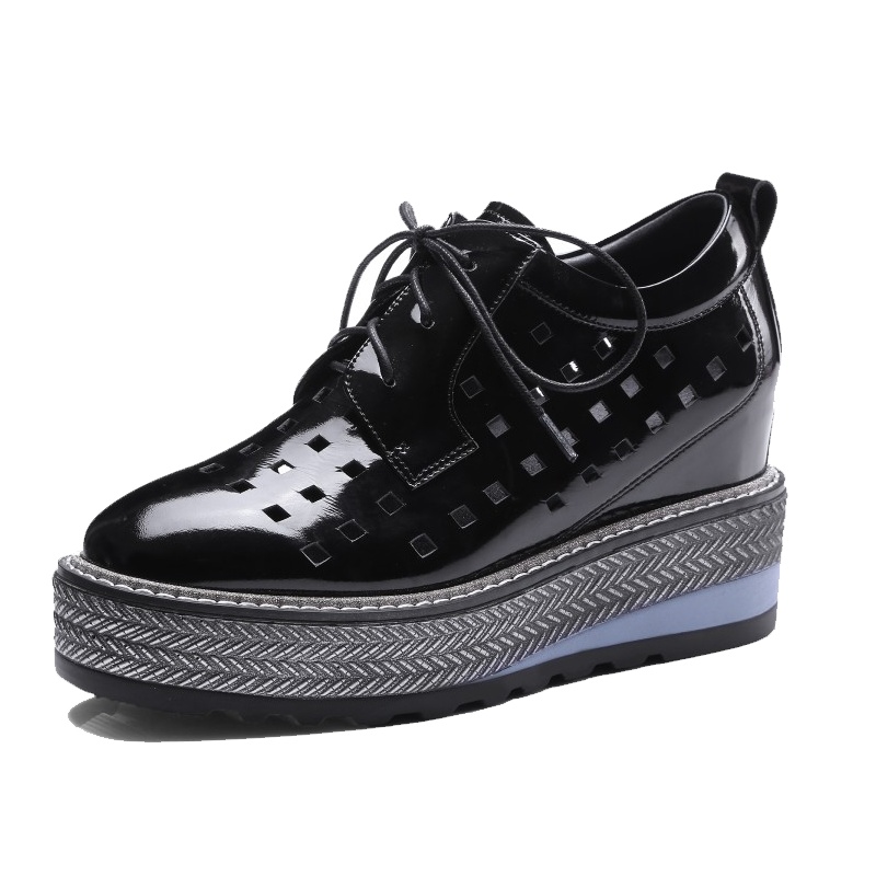 格瑞迪欧夏百搭UN 雕刻厚底内增高松糕鞋圆头平底休闲女鞋新款系带大码单811