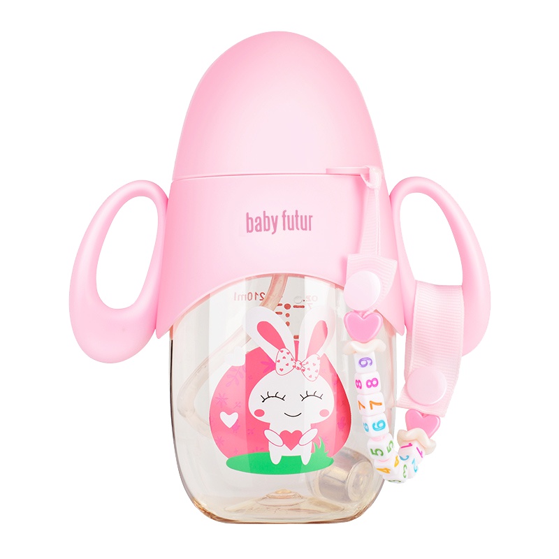 Baby futur官方旗舰店 新生儿奶瓶ppsu婴儿仿母乳实感双把手宝宝宽口径吸管奶瓶耐摔 公主粉-300mL