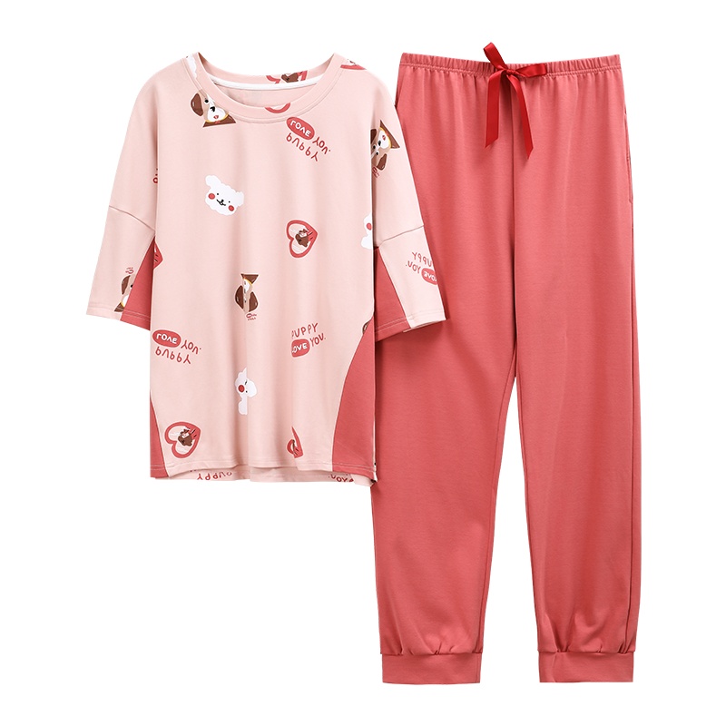 迪奥 睡衣女休闲居家短袖棉质长裤可爱动物两件套装大码棉质家居服