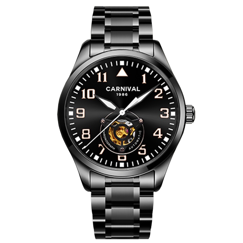 嘉年华Carnival手表新款全自动机械表 男全酷黑钢表男款精钢纤薄款男士夜光防水休闲金属腕表镂空男表8810G