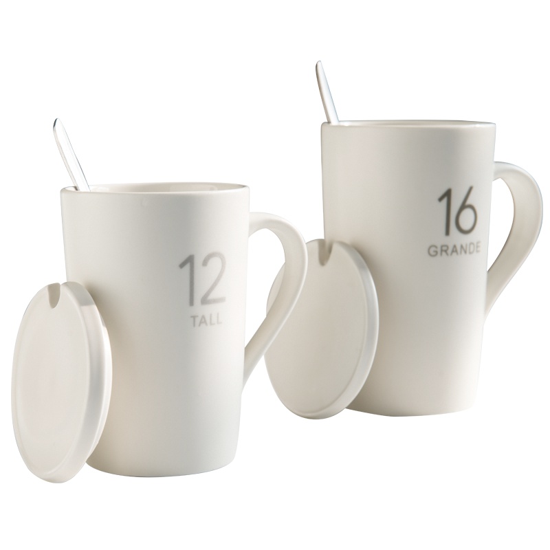 亿嘉IJARL 陶瓷带盖带勺子杯子简约咖啡杯大容量创意个性情侣水杯马克杯 盎司套杯2只装