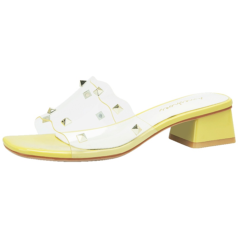 阿么粗跟半拖鞋夏季女鞋优雅百搭凉鞋女韩版百搭透明方头凉拖鞋