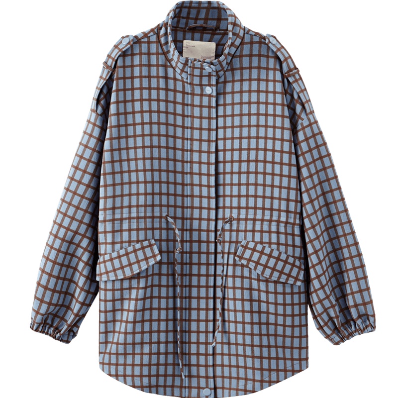 茵曼短外套2019秋装新款长袖宽松格纹立领系带口袋百搭上衣女士