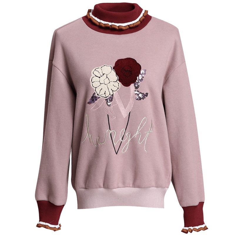 欧昵雪冬装亮片绣花木耳半高领套头宽松卫衣女厚抓绒长袖