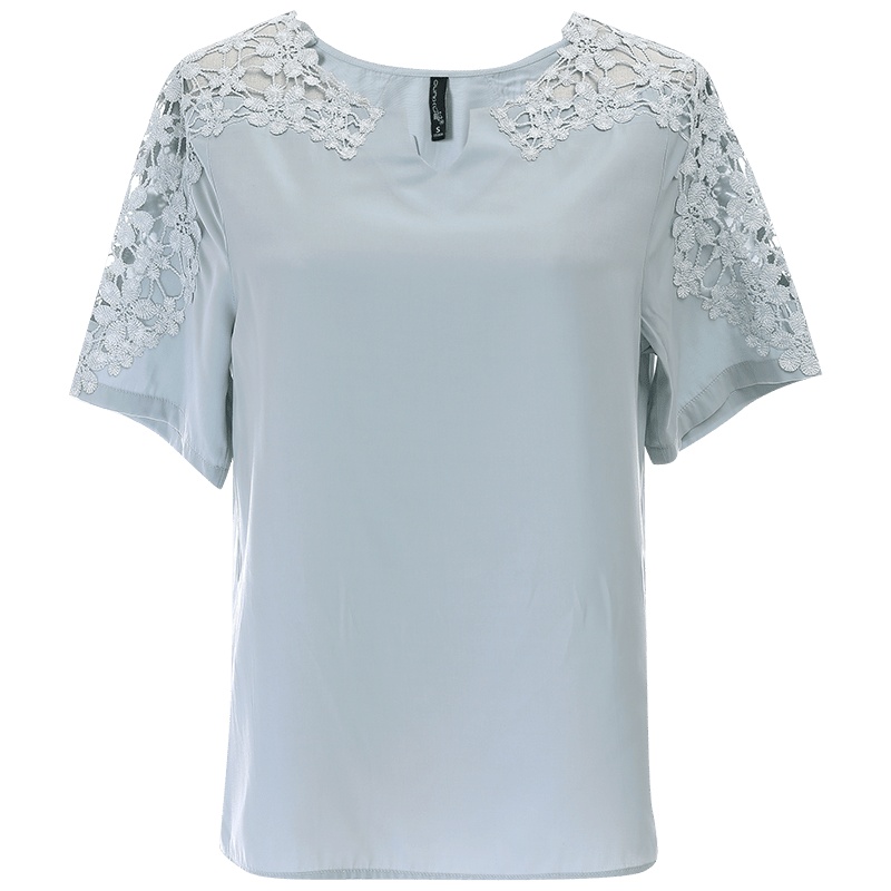 欧昵雪夏季V领拼接镂空蕾丝短袖显瘦小衫女洋气小众上衣