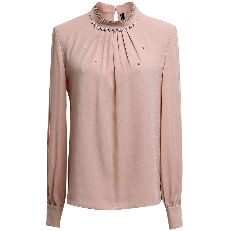 欧昵雪半高领钉珠套头衬衫女长袖洋气时尚小衫上衣