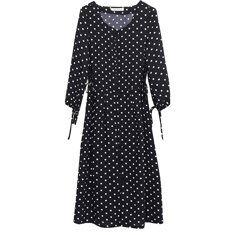 2019春夏秋连衣裙a字长袖波点雪纺中长裙v领显瘦女