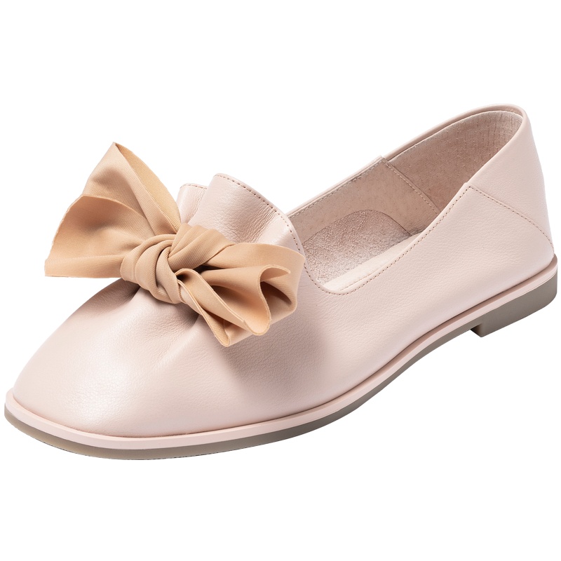 百田森商场同款2020秋季新款真皮蝴蝶结舒软鞋女平底休闲单鞋