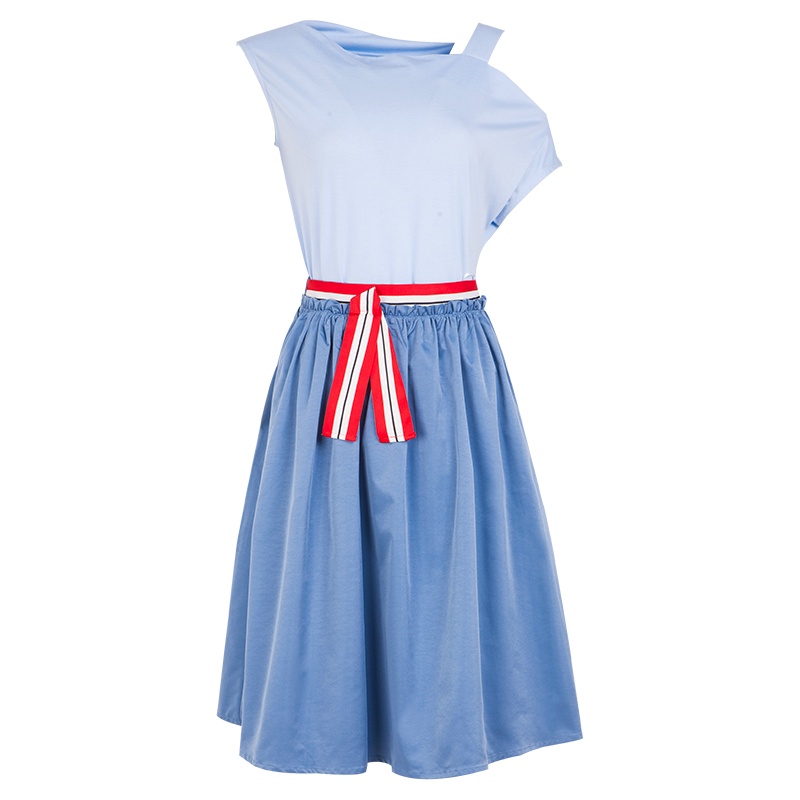 晚白新品纯色露肩上衣松紧高腰A字摆中长款半身裙套装女