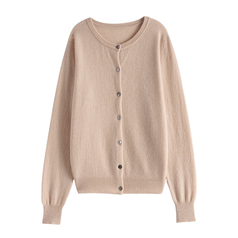 精纺羊绒开衫女100纯山羊绒针织短外套早秋圆领薄款宽松百搭外搭