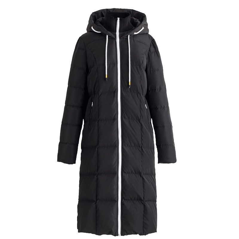 茵曼冬装新款撞色拉链高领连帽保暖羽绒服女中长