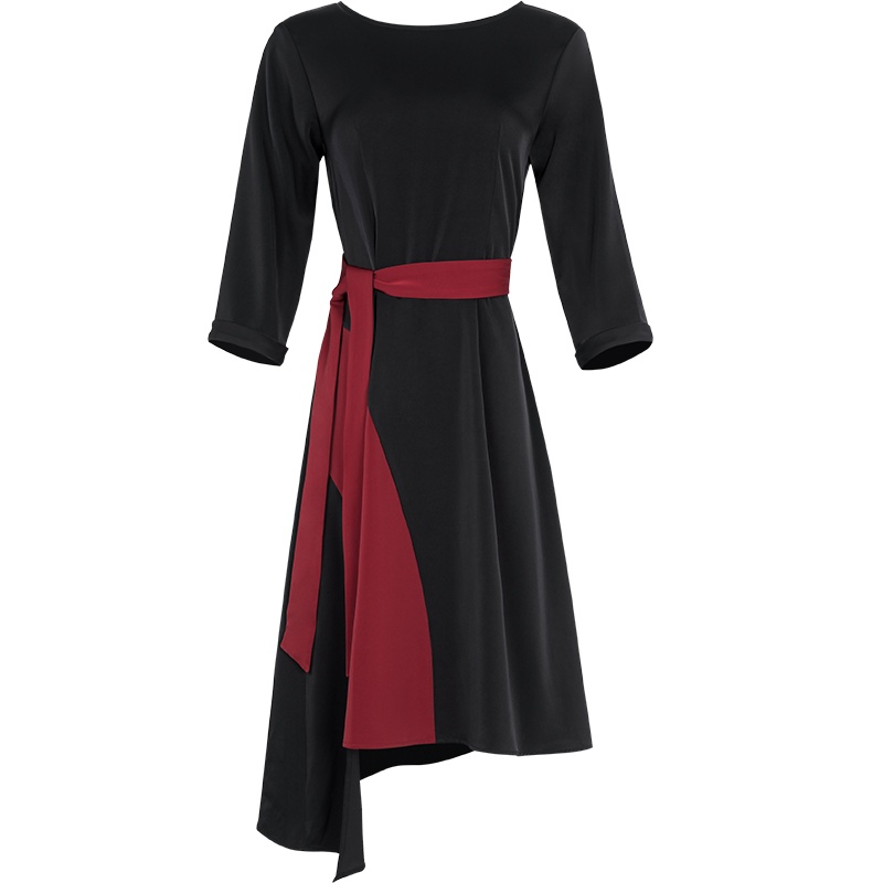 晚白2020冬季新品通勤简约圆领修身显瘦不对称A字裙打底连衣裙女