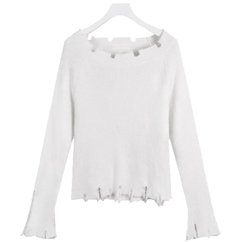 【热卖】打底衫秋冬气质通勤OL风韩版休闲宽松叭袖乞破洞喇丐毛衣针织衫60300295