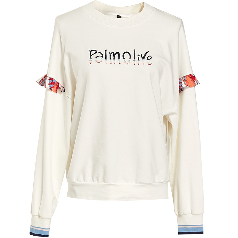 欧昵雪字母绣花拼接荷叶边长袖圆领宽松卫衣女上衣