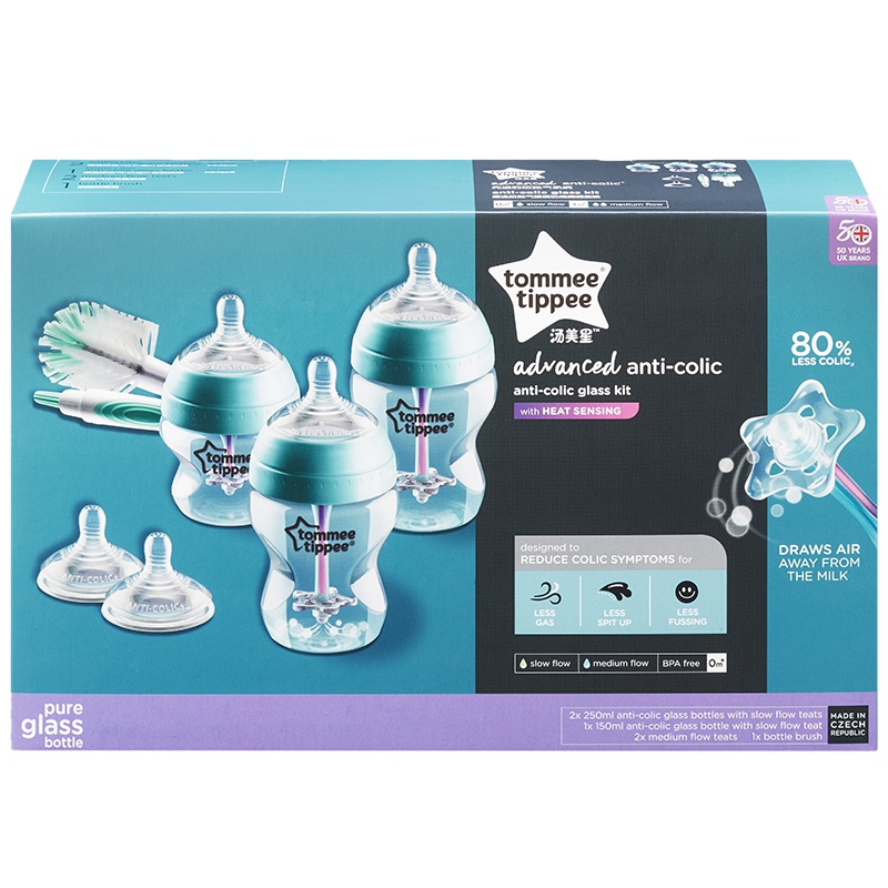 汤美星(Tommee Tippee)01115新生儿感温防胀气玻璃奶瓶喂哺套装宽口径防呛奶仿母乳造型