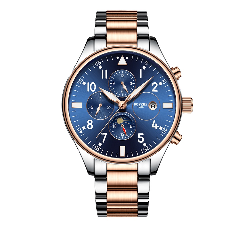 BOYAZHE博雅哲多功能全自动机械男表休闲时尚机械瑞士机芯表钢带夜光透底防水生活夜光商务手表潮