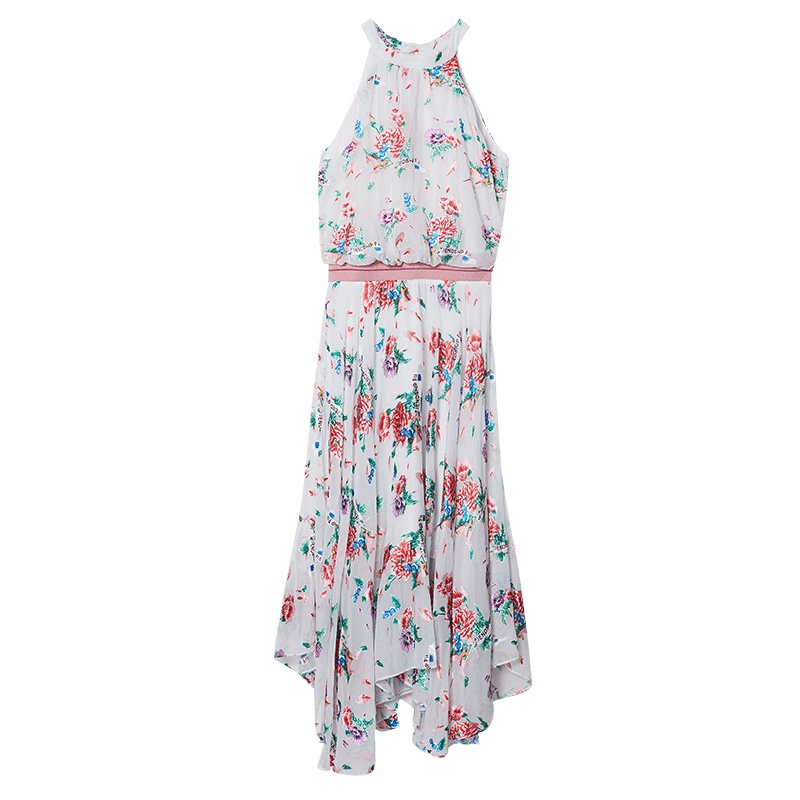 马克华菲女装2019夏新无袖收腰中长款不规则百褶连衣裙